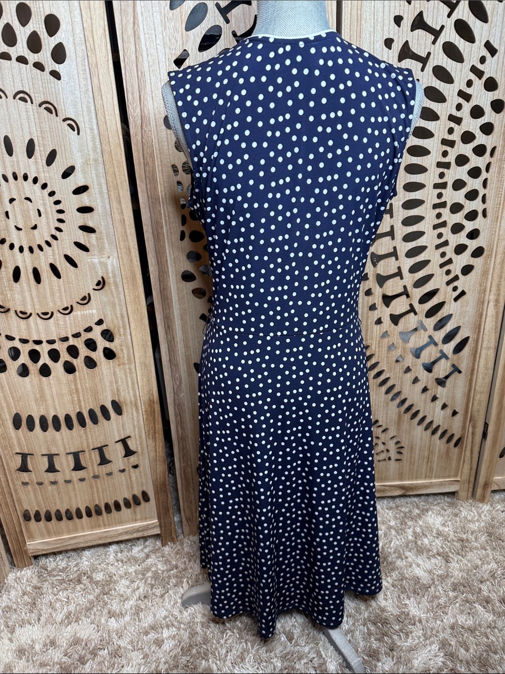 Leota Navy and White Polka Dot Midi Wrap Dress - Picture 3 of 4